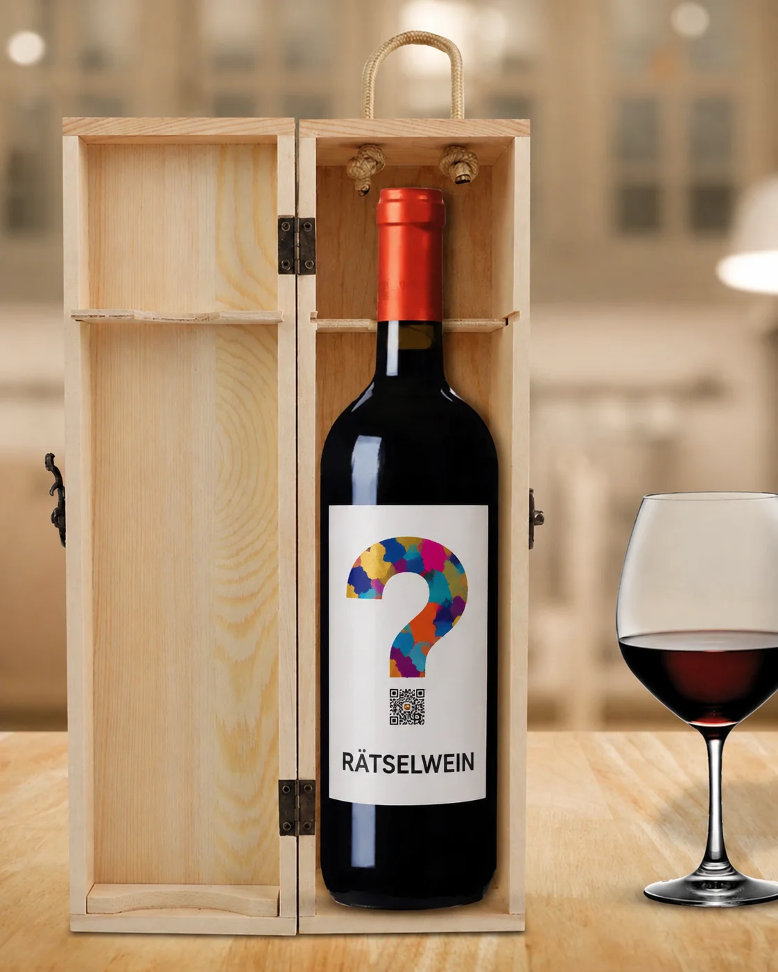 Rätselwein Der Connoisseur Wein in einer Holzkiste